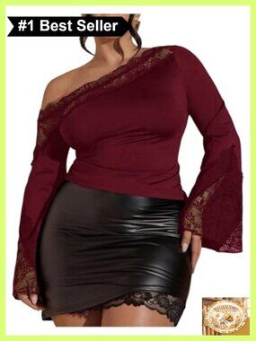 Lace One Shoulder Bell Sleeve Plus Size Top Asymmetrical